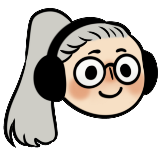 TUFT ICON A cartoon of a femme presenting white face with silver hair, large round clear glasses and black headphones. Icon by wonderful friend and illustrator @Skiidraws